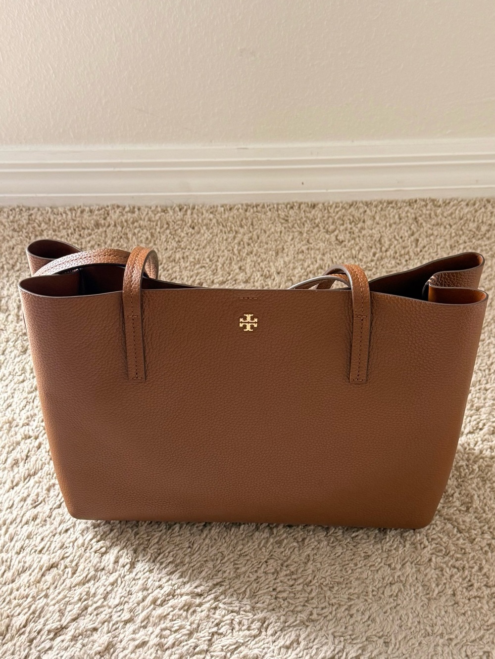 Tory Burch Pebbled Leather Tote in Cognac Brown with Gold Logo